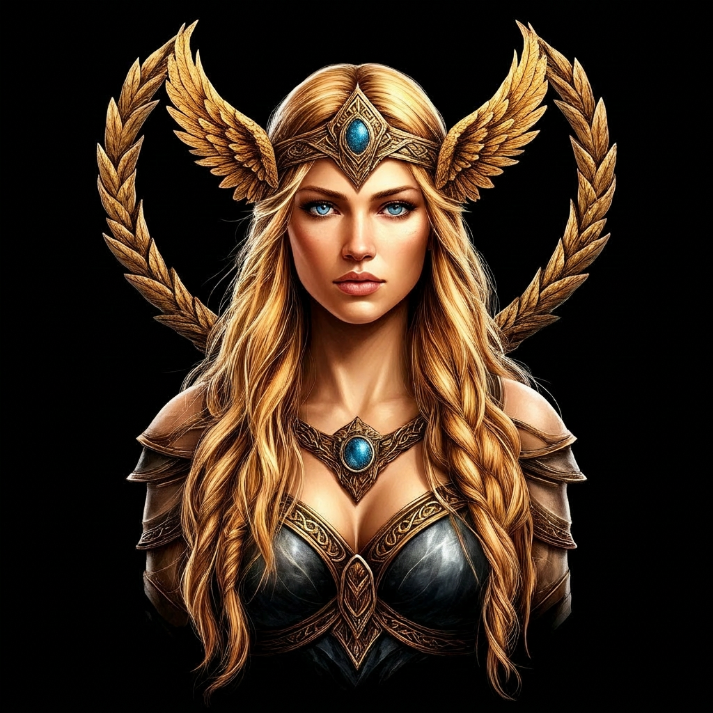 Fantasy warrior goddess with golden wings Blonde female warrior with braided hair wearing a golden winged headpiece and blue gemstone armor
